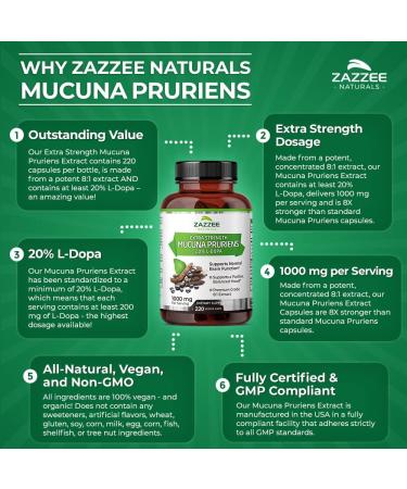 Zazzee Mucuna Pruriens 20% L-Dopa Extract 1000mg - 220 Vegan Capsules | Extra Strength, Non-GMO, Gluten Free - Buy Online on GoSupps.com