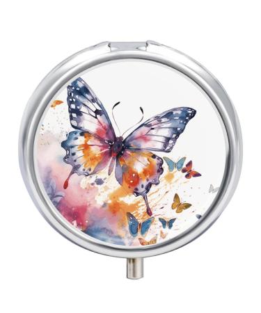 Round Pill Box Watercolor Butterfly Print 3 Compartment Medicine Pill Case Print Pill Organizer Decorative Metal Portable Pill Box Pocket Pill Box