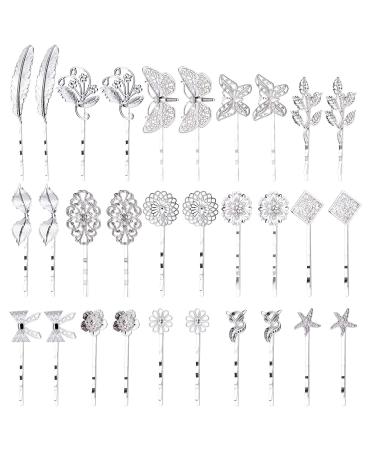 inSowni 30 Pack/15 Pairs Silver Retro Vintage Metal Bobby Pins Hair Clips Barrettes Accessories Leaf Bow Flower Butterfly for Women Girls