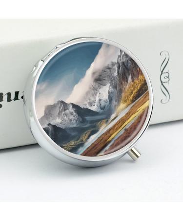 Round Pill Box Travel - Mountain Scenery Print | 3 Compartment Medicine Organizer | Decorative Metal Portable Pill Case - Style-9 - Buy Online on GoSupps.com