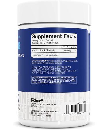 RSP L-Carnitine 500mg Weight Loss Supplement - Non-Stimulant Metabolism Booster for Men and Women - Amino Acid Workout Diet Pills - 120 Capsules - Buy Online on GoSupps.com
