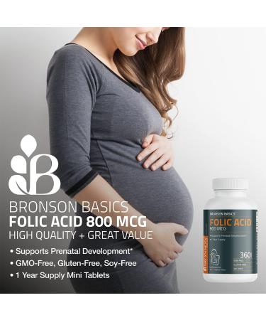 Bronson Folic Acid 800 MCG Supports Prenatal Development, 1 Year Supply, Non-GMO, 360 Tablets - Buy Online on GoSupps.com