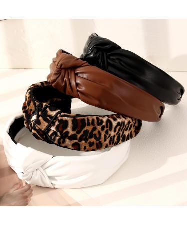 Drnytunk 4 Pack Women's Headbands - 3PCS Leather Cross Knotted + 1PCS Leopard Top Knotted Wide Headband - Non-Slip Elastic Hair Accessories - Buy Online on GoSupps.com