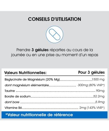 Magnesium Bisglycinate + Boron & Taurine & Vitamin B6-300mg/dose - Highly absorbable - Anti-stress/fatigue - Bone health - Hormonal balance - 100% French - 30 Day Cure - Buy Online on GoSupps.com