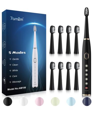 7am2m Sonic Electric Toothbrush for Adults and Kids- High Power Rechargeable Toothbrushes with 8 Brush Heads 5 Adjustable Modes Built-in 2-Minute Smart Timer 4 Hours Fast Charge for 75 Days(Black)