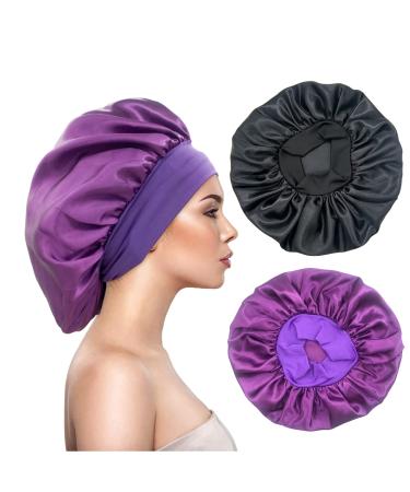 Eupinduo 2 pieces satin sleeping cap bonnet hair hood curly hood for sleeping hair hood for the night enlarged high elastic width creme soft female satin hood sleep black purple