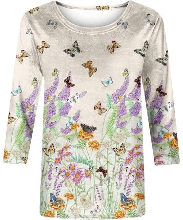Women's Summer 3/4 Sleeve Loose Round Neck Shirt | Painting Pattern Trendy Top | Casual Comfy Tee | Medium, Purple - Buy Online on GoSupps.com