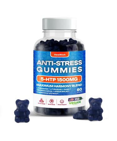 Stress Relief Gummies - 1500MG 5HTP with L-Theanine Gaba & L-Tyrosine - Ashwagandha Herbal Supplement Supports Intellectual Alertness Vegan Brain Mood Booost Supplements for Kids & Adults Made in USA