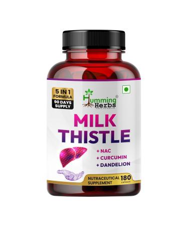 Humming Herbs Milk Thistle Supplement 1000Mg 5-in-1 Formula with NAC Curcumin Dandelion & Black Pepper 180 Capsules