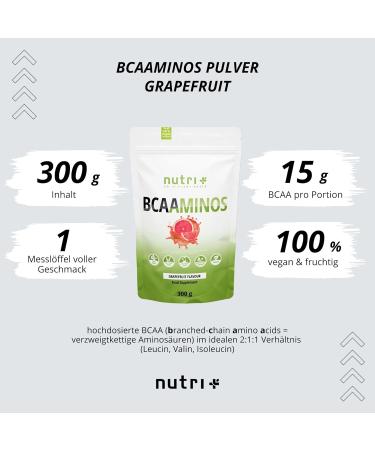 BCAA Powder Grapefruit - High-Dose Amino Acids Complex | Vegan Instant Powder 300g - 2:1 L-Leucine & L-Valine  - Buy Online on GoSupps.com