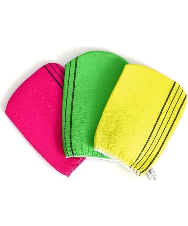 Bastex Exfoliating Bath Washcloth. Genuine Korean Towel Cloth Used for Exfoliating. Exfoliator Scrub Mitten for Bath and Shower Use - 3 Pieces (6.7 inch x 5.2 inch). Comes in Yellow  Pink and Green