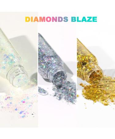 URAQT Body Glitter Gel Set - Holographic Mermaid Sequins & Chunky Cosmetic Glitter for Face, Body, Hair & Nails - Sparkling Festival Party Lotion - White, Silver & Gold - 3Pcs - Buy Online on GoSupps.com