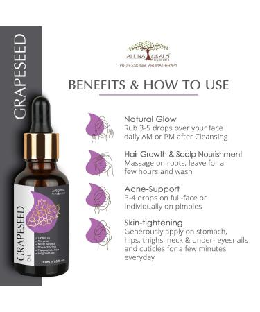 RUVYAA All Naturals 100% Pure Grapeseed Oil (Spain) Cold Pressed For Skin Tightening Acne & Hair Growth 30ML - Buy Online on GoSupps.com