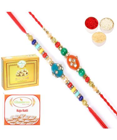 Ghasitaram Gifts Rakhi for Brother Rakhis Online - Set of 2 276 277 Fancy Rakhis with 200 GMS of Kaju katli and 200 GMS of Soan Papdi
