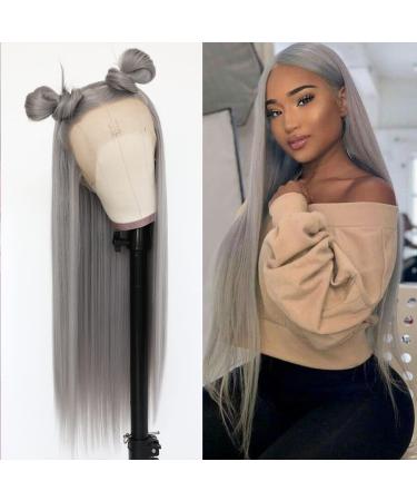 Lovestory Long Straight Synthetic Lace Front Wigs Heat Resistant Gray Wig Natural Hair Wig For Women 180 Density 22-24 inch A-gray