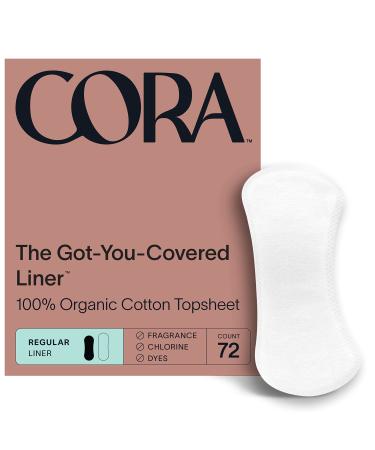 Cora Period Liners | Regular Length | 100% Organic Cotton Topsheet | Ultra Thin, Quick Absorbency | Hypoallergenic | Dermatologically Tested | Unscented, No Wings | Packaging May Vary (72 Liners) 72 Regular Liners
