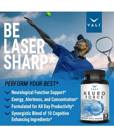 VALI Neuro Force Brain Booster Supplement - Focus, Memory, Clarity & Energy | Nootropic Cognitive Function Support with Natural Caffeine | 60 Veggie Capsules - Buy Online on GoSupps.com