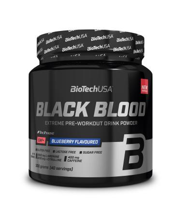 BioTechusa Black Blood Caf+ Preawobout Beverage powder with 12 active ingredients and 200mg of caffeine per portion- sugar lactose and gluten-free 300 g blueberry