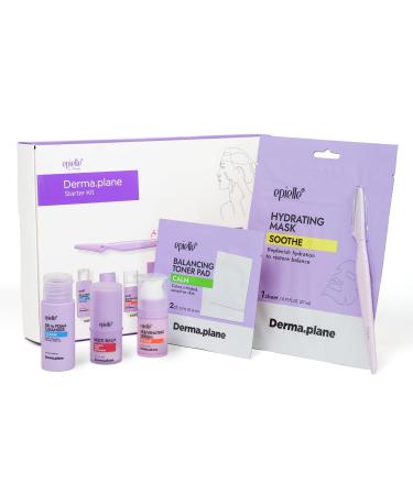 epielle & Tinkle Complete Safe Dermaplane Starter Kit: 6-Step Safe Facial Renewal System with Cleanser Multi-Balm Dermaplane Tool Toner Hydrating Mask & Serum Peach Fuzz Removal Dermaplaning Kit
