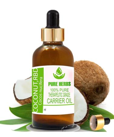 Pure Herbs Coconut Oil RBD (Cocos nucifera) pure and natural carrier oil in therapeutic quality with drops 100 ml