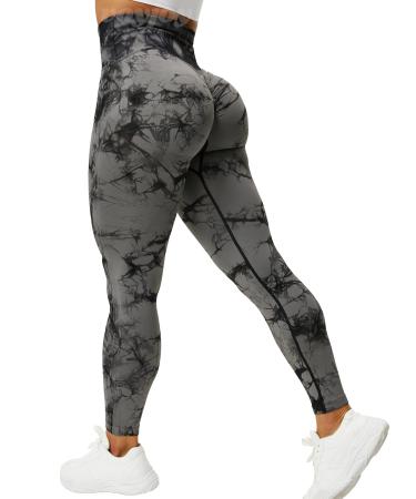 VOYJOY Tie Dye Seamless Leggings for Women High Waist Yoga Pants, Scrunch Butt Lifting Elastic Tights Black Gray Medium