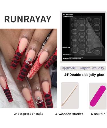 Runrayay Red French Press-On Nails with Planet Nail Rhinestones | Long Acrylic Coffin Nail Tips | 24-Part Full Cover Nail Art Kit for Women - Shop Internationally! - Buy Online on GoSupps.com