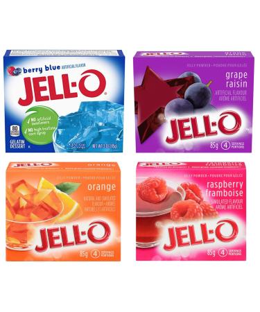 Fruit Flavoured Jell-O Bundle. Includes a (4) Package Variety Bundle of Jell-O Powdered Mix Berry Blue Raspberry Grape Orange (85g per package) with BIG MAPLE Trivia Cards to enjoy with your Snack. Great for School Birthdays Holidays Quick Snack