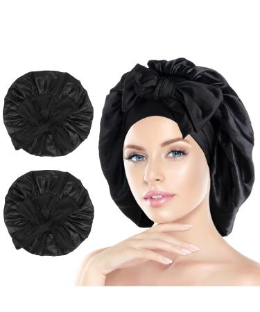 Arqumi Silk Bonnet 2PCS Large Silk Hair Wrap for Sleeping Adjustable Satin Bonnet Hair Bonnet Sleep Cap with Elastic Stay On Head for Long Curly Thick Black Hair for Women Hair Care Black&Black A (2PCS) Black & Black