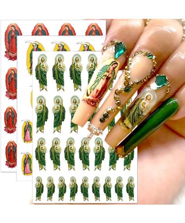 6 Sheets Virgin Mary Nail Art Stickers San Judas Nail Decals Jesus Nail Stickers 3D Self-Adhesive Religious Nail Decals Nail Art Supplies Designer Nail Sticker for Women Girls DIY Manicure Decorations