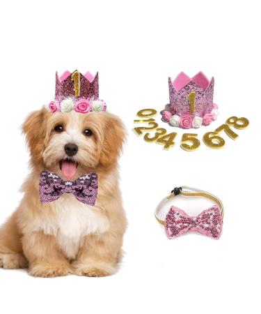 Dog Birthday Hat Pet Cat Dog Birthday Crown Hat and Bowtie with 0-9 Figures Charms Party Accessories for Small Medium Puppy Kitten (PINK) - Buy Online on GoSupps.com