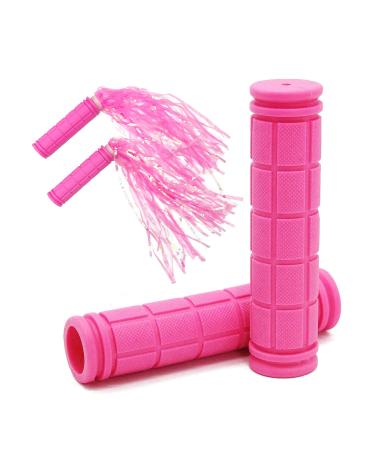 Bike Handle Grips with Tassel Streamers for Girls Boys and Kids, Non-Slip Bicycle Handlebar Grips Cover for Mountain Bike, Scooters Road Bike BMX MTB Cycling Replacement Parts Pink & Streamers