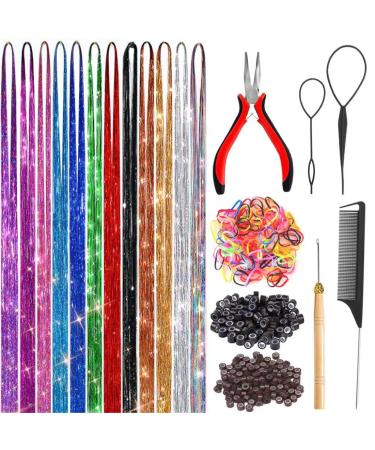 Hair Tinsel Kit, Fairy Hair Tinsel with Tools 48 Inch Hair Tinsel Heat Resistant Safe 12 Colors Glitter Tinsel Hair Extensions 3200 strands (12 Colors, 3200 Strands) 12 Colors 3200 Strands