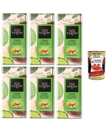 Italian Gourmet E.R. 6 x Vanini Nuova Bagua Dark Chocolate 62% with Chopped Hazelnuts Caramel and Salt 100g + Italian Gourmet Polpa 400g