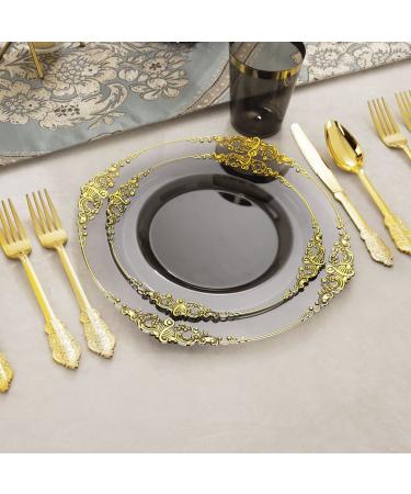 Nervure 175PCS Clear Black & Gold Plastic Plates Set for 25 Guests - Ideal for Parties & Halloween - Buy Online on GoSupps.com