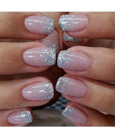 Powder Press on Nails short square Fake Nails with Glitter Powder Design Silver White French Tip Glue on Nails Full Cover False Nails Acrylic Artificial Nails for Women and Girls Decoration 24pcs Glitter Fake Nails-18