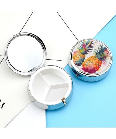 Round Pill Box - Tropical Fruit Watercolor Pineapple Print | 3 Compartment Portable Pill Organizer | Decorative Metal Medicine Case - Buy Online on GoSupps.com