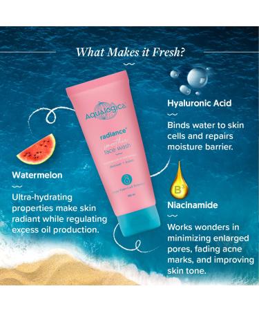 Aqualogica Radiance + Smoothie Face Wash with Watermelon | Cleanses & Controls Excess Oil | Niacinamide Helps Reduce Acne Marks & Spots | 3.38 Fl Oz/100 ml - Buy Online on GoSupps.com