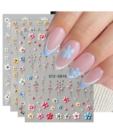 JMEOWIO 3D Embossed Flower Nail Art Stickers Decals Self-Adhesive 5D Spring Summer Colorful Floral Dandelions Nail Supplies Nail Art Design Decoration Accessories 4 Sheets