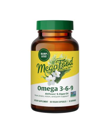 MegaFood Vegan Omega 3 6 9 - Burp-Less Supplement - 600 mg Plant-Based Omega 3 & 150 mg DHA Per Serving - Heart Brain Vision & Joint Support - Fish Oil Alternative - 60 Capsules 30 Servings