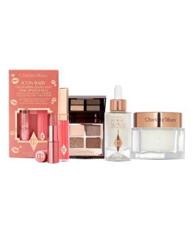 Charlotte Tilbury Holiday Beauty Set - Full-Size Charlotte's Magic Cream & Magic Serum Golden Goddess Eyeshadow Quad & Icon Baby Lip Duo - Complete Skincare Makeup Gift Collection for a Radiant Glow