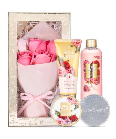 Bath Spa Gift Set for Women - Spa Gift Baskets for Women, 5 Piece Mothers Day Gifts for Women with Rose Scented Shower Gel, Body Scrub, Body Lotion, Hand Soap and More