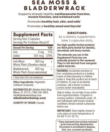 Organic Sea Moss & Bladderwrack Supplement 200 Capsules - Iron, Iodine, Calcium - Alkaline Herb Store - Buy Online on GoSupps.com