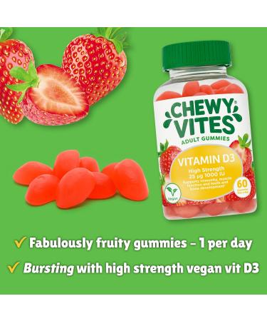 Chewy Vites Adults High Strength Vit D3 Gummy Vitamins - 2 Months Supply | Vegan | Real Fruit Juice - 60 Count - Buy Online on GoSupps.com