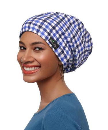Elastic sleep caps with satin lining for frizzy hair breathable Blue White