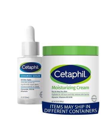 Cetaphil Ceramide Serum Designed for Sensitive Skin 1oz + Face & Body Moisturizer Hydrating Moisturizing Cream for Dry to Very Dry Sensitive Skin 20 oz Bundle