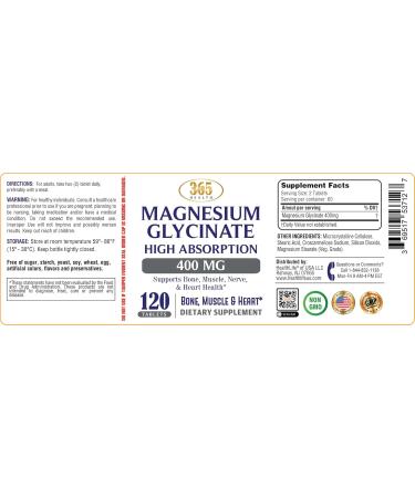 365 Health Magnesium Glycinate 400mg Per Serving 120 Tablets High Absorption Supplement for Bone Muscle & Heart Health - Buy Online on GoSupps.com