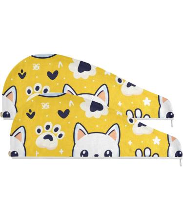 Super Absorbent Cartoon Cat Face & Paw Hair Towel 2 Pack | Quick Dry Hair Turbans for Women & Girls - Buy Online on GoSupps.com