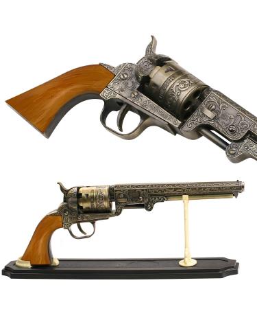 BladesUSA - Decorative Western Revolver with Display Stand - 13-inches Overall, Western Style Navy Revolver with Ornate Engravings on Body - SMB-110 - Decorative, Collectible, Cosplay