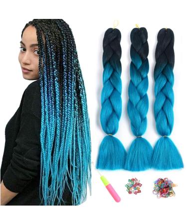 Showjarlly Kanecalon Kunsthaar Hair Kanecalon Hair Braids Extension Ombre Jumbo Braid Hair extension 24 " Kanecalon braids Box Hair Kunsthaar Hair For Including Black/Navy Blow# 61cm-24 inch (3 SPACE) Black/Maveste