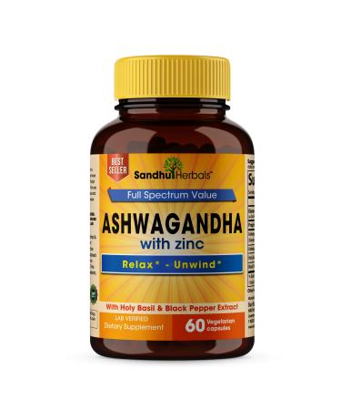 SANDHUHERBALS Sandhu Herbals Ashwagandha with Zinc Black Pepper Extract Ashwagandha Powder Supplement 60 Vegetarian Capsules 60 Count (Pack of 1)